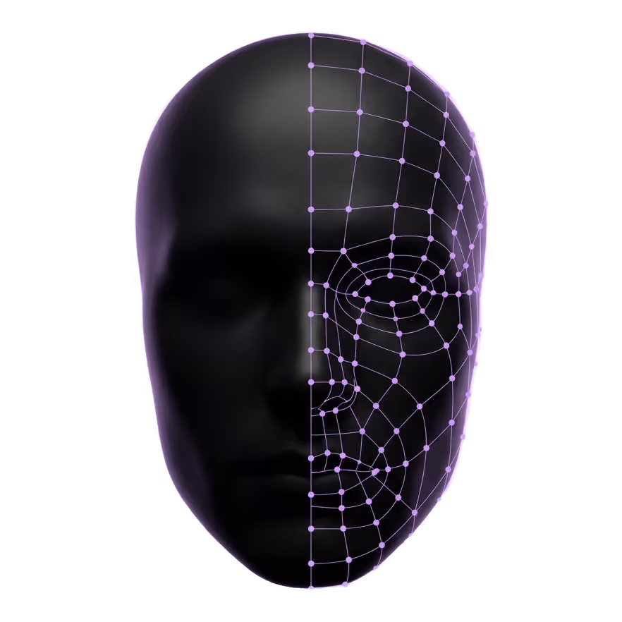 Sculpted face form with dense AI landmark node mesh mapping facial geometry across 28 measurement points.