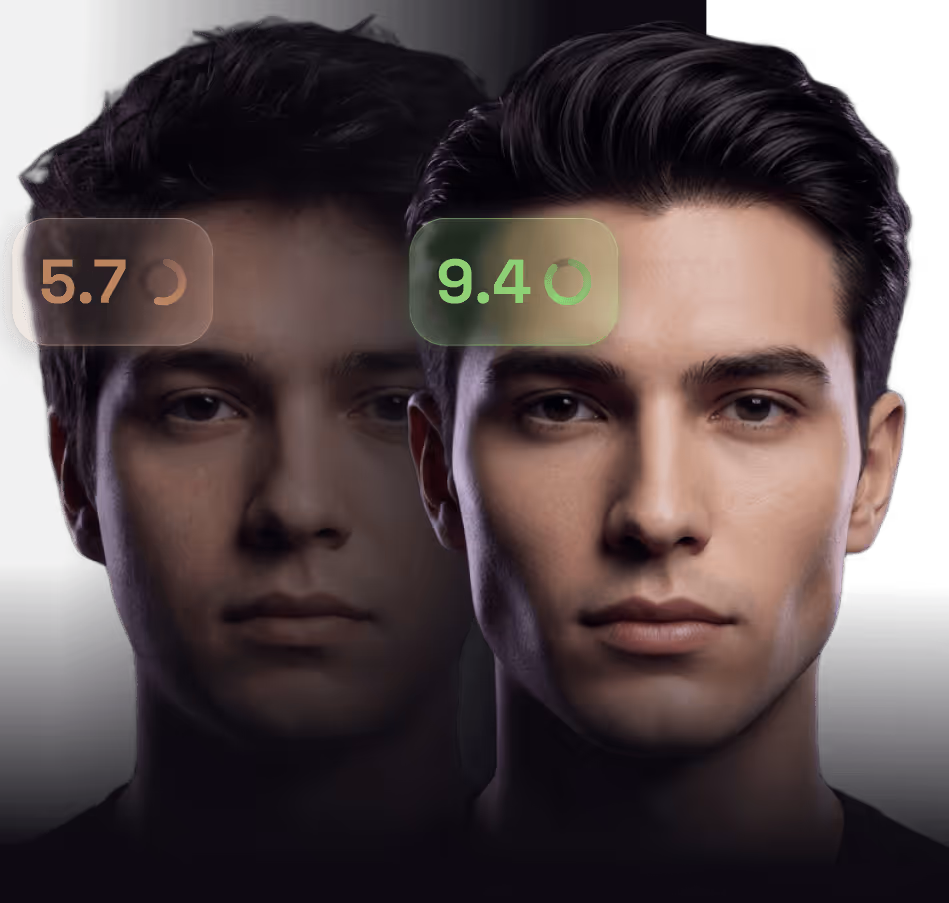 AI face analysis before and after — attractiveness score improvement from 5.7 to 9.4.