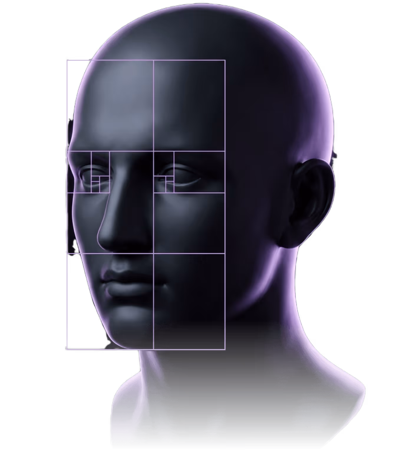 Sculpted nose profile fragment with three precision measurement overlays: span bracket, angular arc, and reference line.